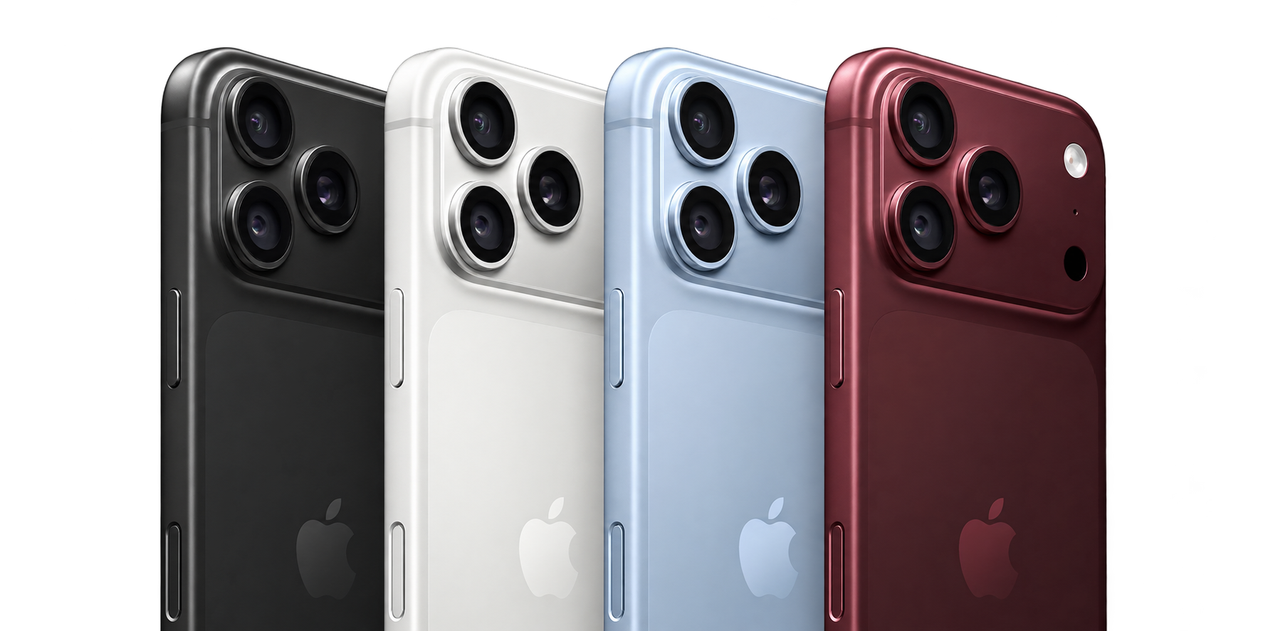 Four iPhones in black, silver, light blue and burgundy